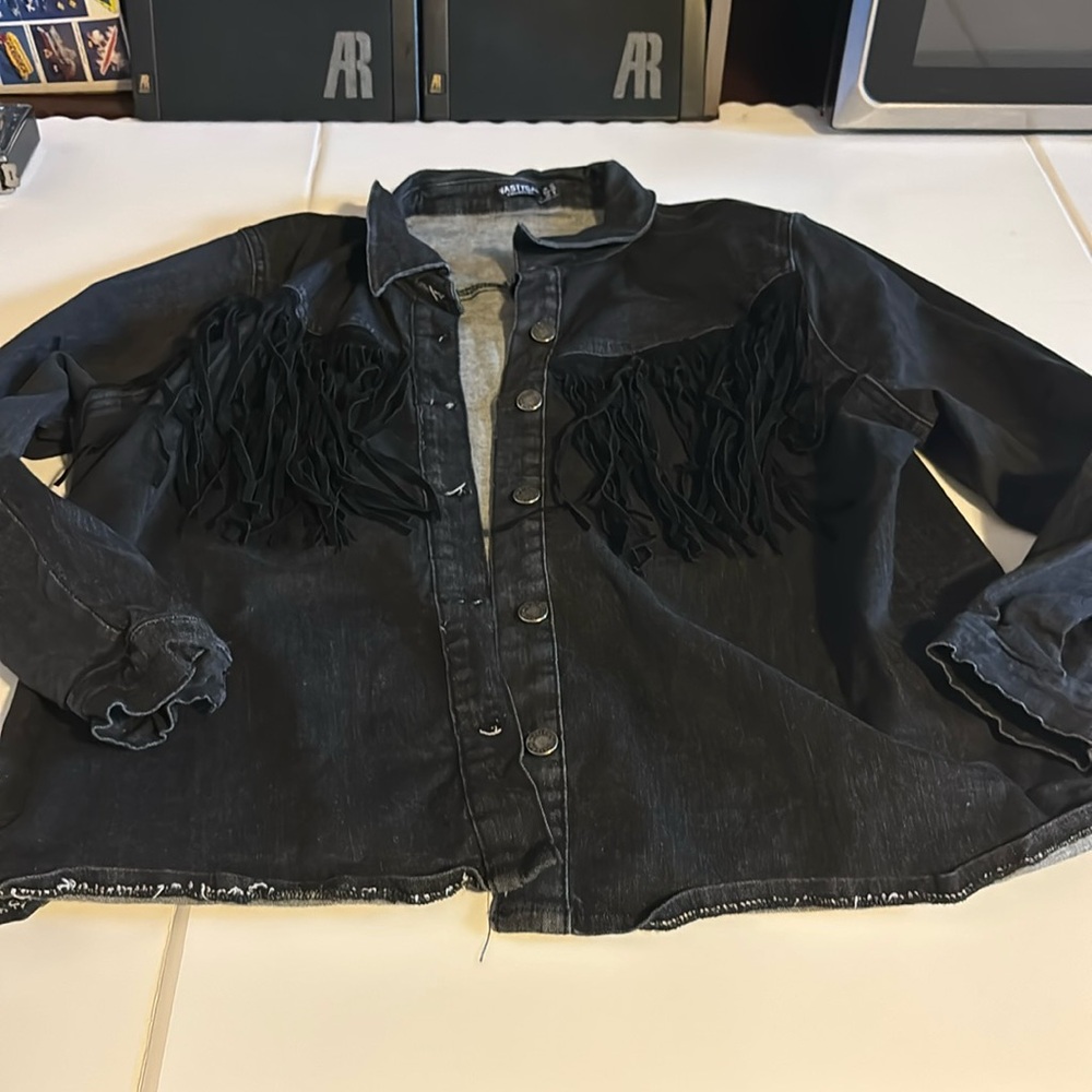 Nasty Gal Black Jean Jacket with Fringe